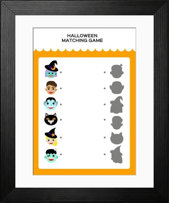 Framed Print : Happy Halloween Matching game for children. Education Game for kids. Match monsters and shadow. Vector Framed Print : Happy Halloween Matching game for children. Education Game for kids. Match monsters and shadow. Vector