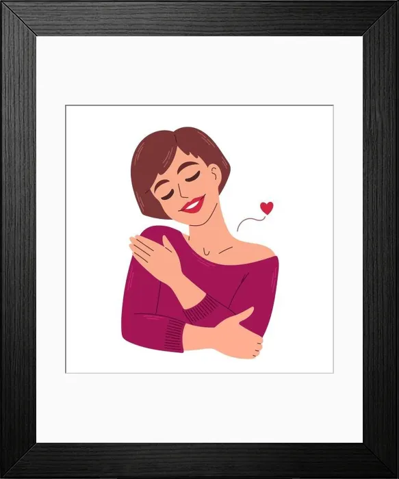 Framed Print : Love yourself. Woman hugging herself with heart. Love your body concept. Take time for your self. Vector illustration Framed Print : Love yourself. Woman hugging herself with heart. Love your body concept. Take time for your self. Vector illustration