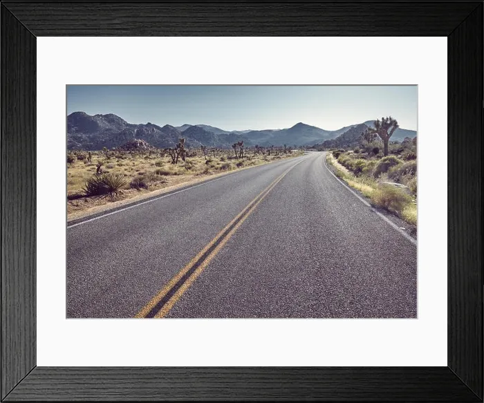 Framed Print : Vintage stylized picture of a desert road at sunset, front focus on asphalt, California, USA Framed Print : Vintage stylized picture of a desert road at sunset, front focus on asphalt, California, USA