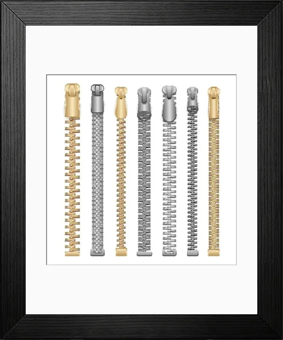 Framed Print : Zipper Realistic Vector. Clothes Zippers Set. Isolated Illustration Framed Print : Zipper Realistic Vector. Clothes Zippers Set. Isolated Illustration