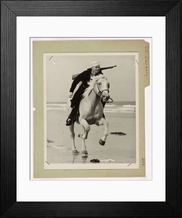 Framed Print : Coast Guard Cavalry. This image depicts an armed Coast Guardsman as he rides his mount through the sand dunes to track down attempts of enemy spies Framed Print : Coast Guard Cavalry. This image depicts an armed Coast Guardsman as he rides his mount through the sand dunes to track down attempts of enemy spies