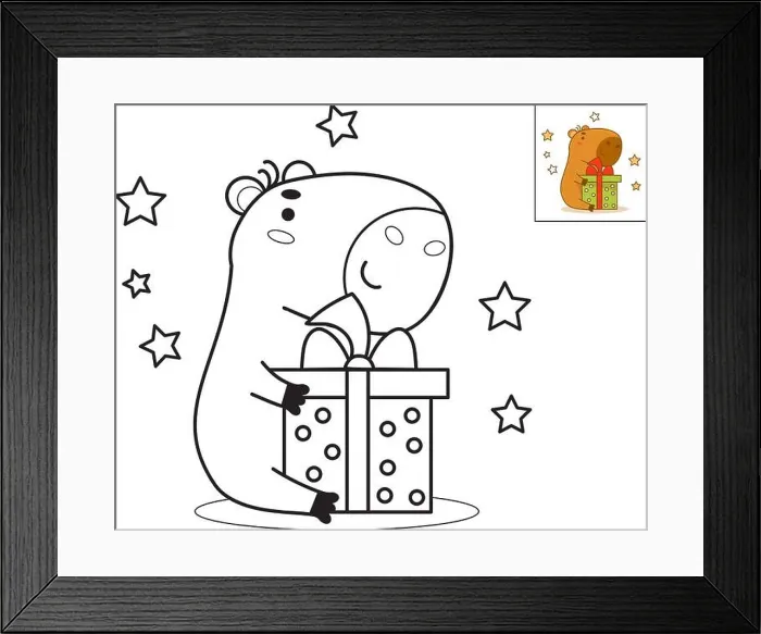 Framed Print : Cute happy capybara in with gift. Vector illustration. Funny festive animal character rodent. linear hand drawing, coloring book. kids collection Framed Print : Cute happy capybara in with gift. Vector illustration. Funny festive animal character rodent. linear hand drawing, coloring book. kids collection