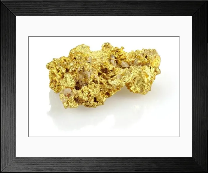 Framed Print : gold nugget found in the Golden Triangle of central Victoria / Australia isolated on white background Framed Print : gold nugget found in the Golden Triangle of central Victoria / Australia isolated on white background