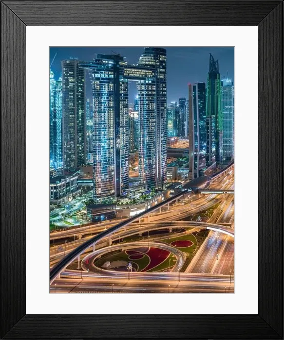 Framed Print : A shot of Dubai city showing Sheikh Zayed Road intersection and Burj Khalifa Framed Print : A shot of Dubai city showing Sheikh Zayed Road intersection and Burj Khalifa
