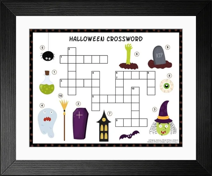 Framed Print : Halloween crossword activity page for kids. Puzzle game with spooky characters Framed Print : Halloween crossword activity page for kids. Puzzle game with spooky characters