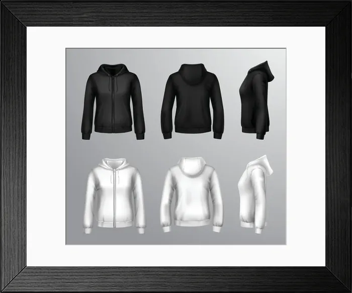 Framed Print : Realistic black and white hooded sweatshirts for women with front back and side view isolated vector illustration Framed Print : Realistic black and white hooded sweatshirts for women with front back and side view isolated vector illustration