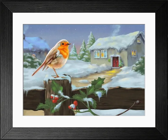 Framed Print : Snowy winter landscape with an european robin perched on a wood pole. Digital painting Framed Print : Snowy winter landscape with an european robin perched on a wood pole. Digital painting