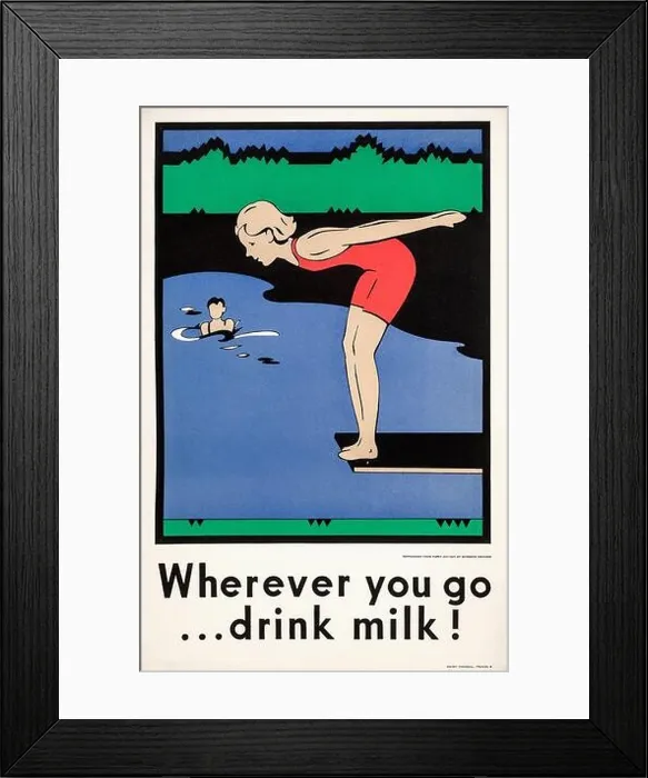Framed Print : Drink Milk! Advertising Poster (Dairy Council, c.1930s) Wherever you go... drink milk - girl on trampoline - paper cut out by artist Gordon Deacon Framed Print : Drink Milk! Advertising Poster (Dairy Council, c.1930s) Wherever you go... drink milk - girl on trampoline - paper cut out by artist Gordon Deacon