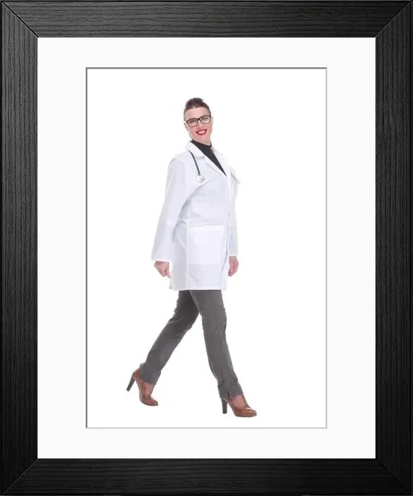 Framed Print : Full length portrait of medical doctor woman going sideways Framed Print : Full length portrait of medical doctor woman going sideways
