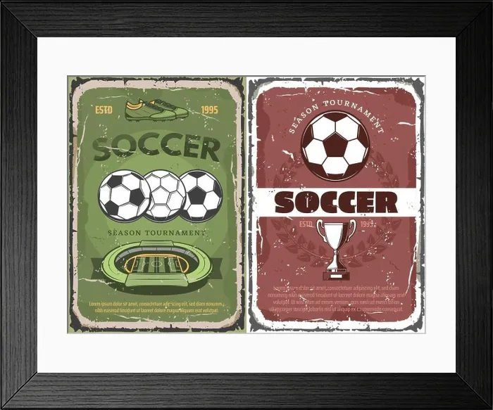 Framed Print : Vintage grunge soccer and football sport posters with winner cup, play field, satadium and soccerball in flight. For sports and championship design Framed Print : Vintage grunge soccer and football sport posters with winner cup, play field, satadium and soccerball in flight. For sports and championship design