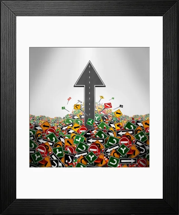 Framed Print : Direction freedom concept as a road shaped as an upward arrow breaking through a group of traffic signs as a business symbol for having a clear Framed Print : Direction freedom concept as a road shaped as an upward arrow breaking through a group of traffic signs as a business symbol for having a clear
