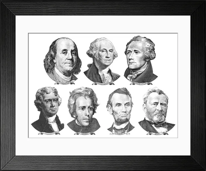 Framed Print : Portraits of presidents and politicians from dollars Framed Print : Portraits of presidents and politicians from dollars