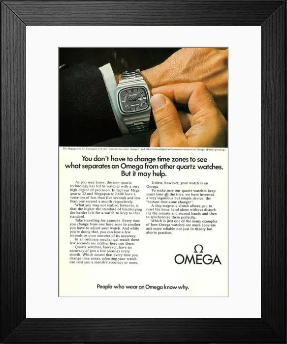 Framed Print : Omega Megaquartz 32 watch advert in a magazine 1975 Framed Print : Omega Megaquartz 32 watch advert in a magazine 1975