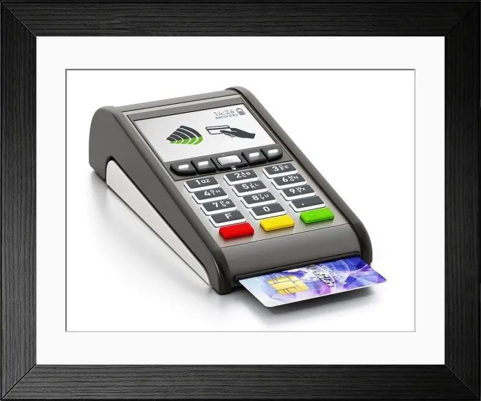 Framed Print : POS machine and credit card isolated on white background. 3D illustration