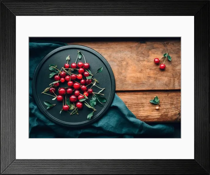 Framed Print : Ripe cherries on black dish. Cottagecore Aesthetics. Rustic, vintage style Framed Print : Ripe cherries on black dish. Cottagecore Aesthetics. Rustic, vintage style