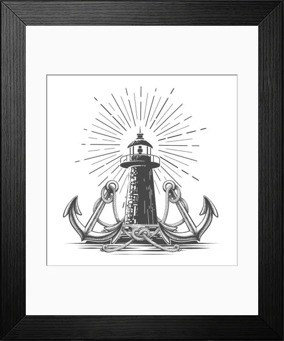 Framed Print : Hand Drawn Vintage Lighthouse graphics in engraving style. Lighthouse two anchors and rope knot. Vector illustration Framed Print : Hand Drawn Vintage Lighthouse graphics in engraving style. Lighthouse two anchors and rope knot. Vector illustration