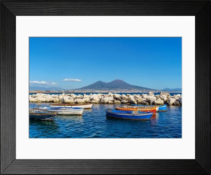Framed Print : View of Volcano Vesuvius view from seafront with colorful boats in the foreground, Naples, Campania, Italy