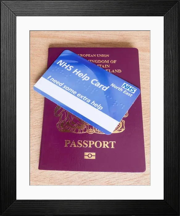 Framed Print : United Kingdom passport with NHS help card. England. UK Framed Print : United Kingdom passport with NHS help card. England. UK