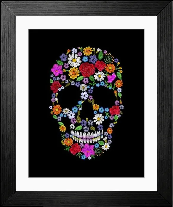 Framed Print : Vintage embroidered flower skull. Muertos Dead Day Fashion design decoration print. Orange marigold daisy chamomile beautiful isolated on black Framed Print : Vintage embroidered flower skull. Muertos Dead Day Fashion design decoration print. Orange marigold daisy chamomile beautiful isolated on black