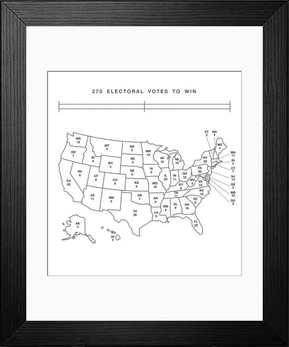 Framed Print : accurate correct simplified usa electoral college map with separated states codes 270 to win vector isolated on white background Framed Print : accurate correct simplified usa electoral college map with separated states codes 270 to win vector isolated on white background