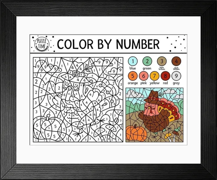 Framed Print : Vector Thanksgiving color by number activity with turkey and pumpkin in the field. Autumn holiday counting game with cute bird. Funny fall or farm col Framed Print : Vector Thanksgiving color by number activity with turkey and pumpkin in the field. Autumn holiday counting game with cute bird. Funny fall or farm col