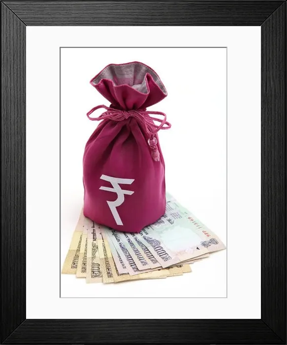 Framed Print : Money bag with Indian currency Framed Print : Money bag with Indian currency