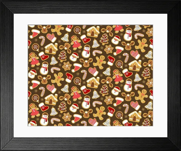 Framed Print : Christmas seamless pattern with gingerbread cookies isolated on dark brown background. Warm colors. EPS 10 vector illustration Framed Print : Christmas seamless pattern with gingerbread cookies isolated on dark brown background. Warm colors. EPS 10 vector illustration