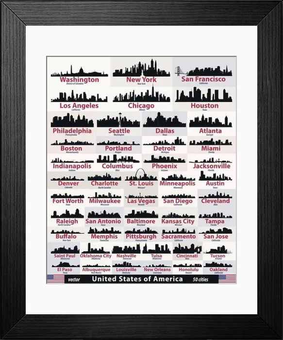 Framed Print : vector set of United States cities skylines silhouettes Framed Print : vector set of United States cities skylines silhouettes