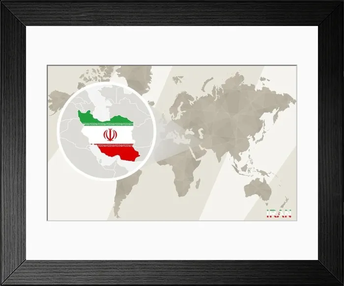 Framed Print : Zoom on Iran Map and Flag. World Map Framed Print : Zoom on Iran Map and Flag. World Map