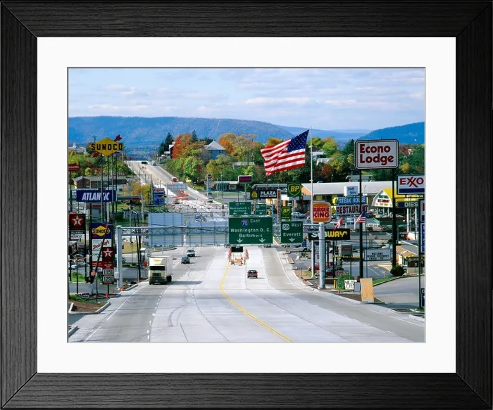 Framed Print : Breezewod, Pennsylvania, Town of Motels and fast food, Exit 12 of the Pennsylvania Turnpike and Interstate 70 Framed Print : Breezewod, Pennsylvania, Town of Motels and fast food, Exit 12 of the Pennsylvania Turnpike and Interstate 70