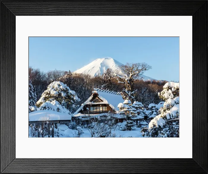 Framed Print : Buildings and Mount Fuji Covered with Snow, Yamanashi, Japan Framed Print : Buildings and Mount Fuji Covered with Snow, Yamanashi, Japan