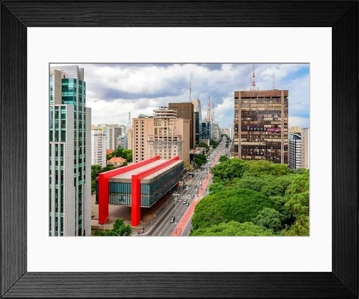 Framed Print : Paulista avenue, financial center of Sao Paulo and Brazil and the MASP seen from above with its commercial buildings and intense movement of people a Framed Print : Paulista avenue, financial center of Sao Paulo and Brazil and the MASP seen from above with its commercial buildings and intense movement of people a