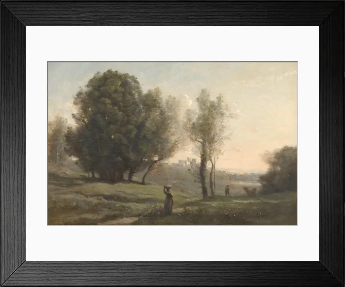 Framed Print : Landscape Souvenir of Les Landes, rolling landscape. In the foreground a woman carries a basket on her head Framed Print : Landscape Souvenir of Les Landes, rolling landscape. In the foreground a woman carries a basket on her head