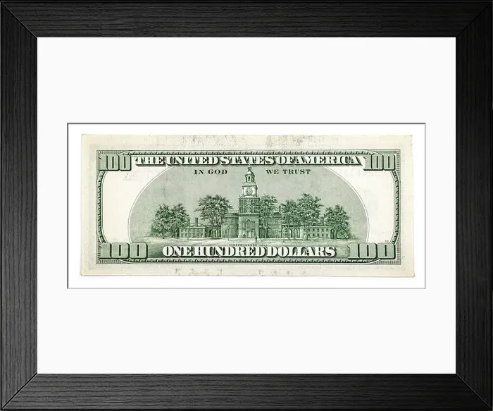 Framed Print : 100 Dollar Bill close up and high quality of American money, back side with in god we trust text Framed Print : 100 Dollar Bill close up and high quality of American money, back side with in god we trust text
