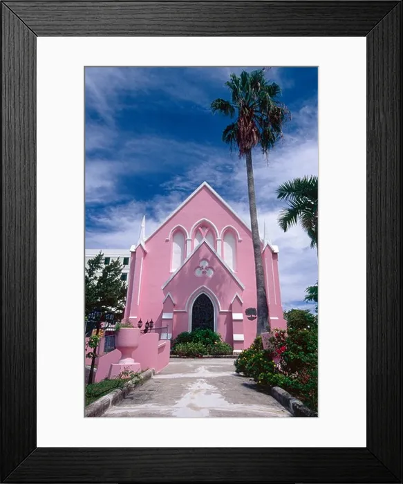 Framed Print : Front View of a Pink Church with Palm Tree St Andrews Church Hamilton Bermuda Framed Print : Front View of a Pink Church with Palm Tree St Andrews Church Hamilton Bermuda