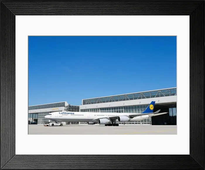 Framed Print : Lufthansa Airbus A340 with push-back truck in front of maintenance hangar, Hangar, Munich, Upper Bavaria, Germany Framed Print : Lufthansa Airbus A340 with push-back truck in front of maintenance hangar, Hangar, Munich, Upper Bavaria, Germany