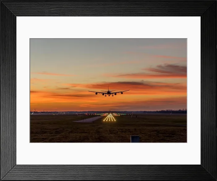 Framed Print : Airbus landing at Munich Airport during sunset in January Framed Print : Airbus landing at Munich Airport during sunset in January