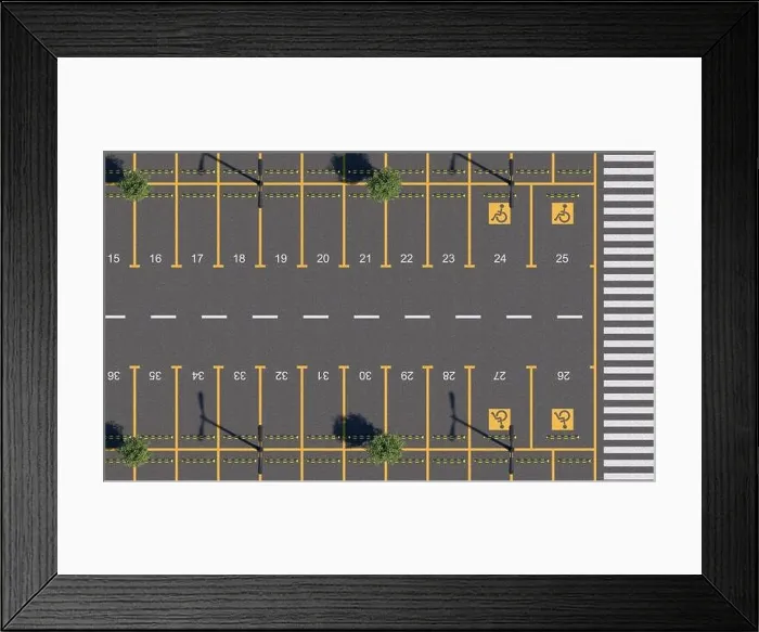 Framed Print : Car parking lot with road markings and numbering parking spaces. Parking with cars, people, pedestrians and pedestrian crossing. Top view. 3D render Framed Print : Car parking lot with road markings and numbering parking spaces. Parking with cars, people, pedestrians and pedestrian crossing. Top view. 3D render