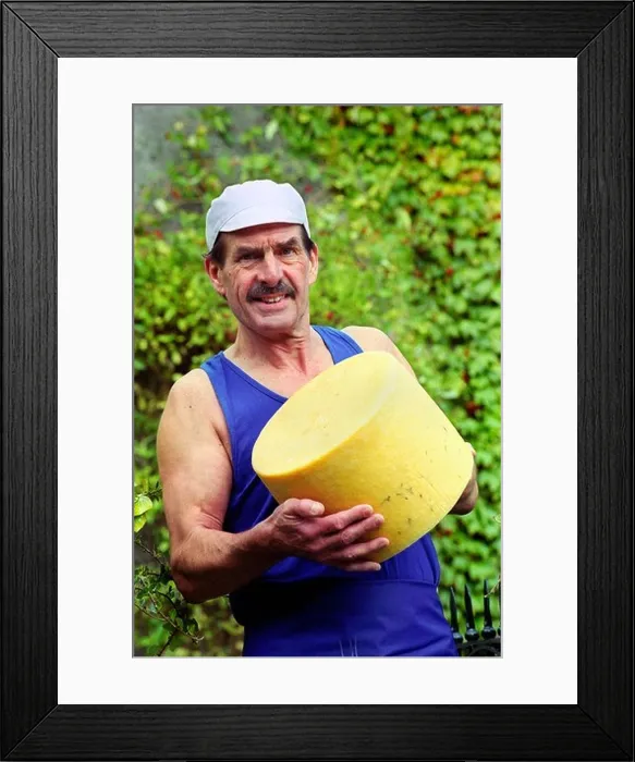 Framed Print : Award winning cheese maker Leon Downey with a finished cheese at Llangloffan Farm Castle Morris Pembrokeshire Wales UK Framed Print : Award winning cheese maker Leon Downey with a finished cheese at Llangloffan Farm Castle Morris Pembrokeshire Wales UK