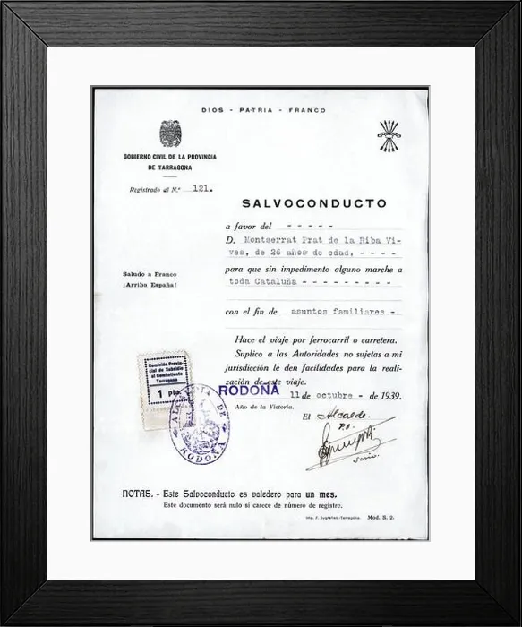 Framed Print : Salvoconducto del Gobierno Civil de Tarragona expedido en Rodonyà el 11 de octubre de 1939 Framed Print : Salvoconducto del Gobierno Civil de Tarragona expedido en Rodonyà el 11 de octubre de 1939