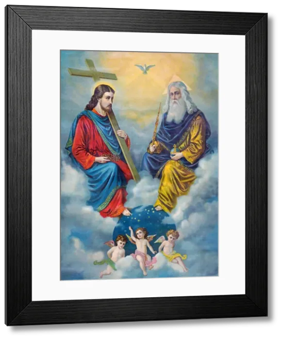 Framed Print : SEBECHLEBY, SLOVAKIA - FEBRUARY 27, 2016: Typical catholic image of Holy Trinity printed in Germany Framed Print : SEBECHLEBY, SLOVAKIA - FEBRUARY 27, 2016: Typical catholic image of Holy Trinity printed in Germany