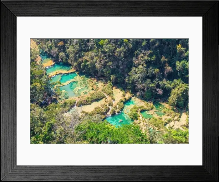 Framed Print : Aerial landscape of the Semuc Champey Cascades along the Cahabon river, Peten Rainforest, Guatemala Framed Print : Aerial landscape of the Semuc Champey Cascades along the Cahabon river, Peten Rainforest, Guatemala