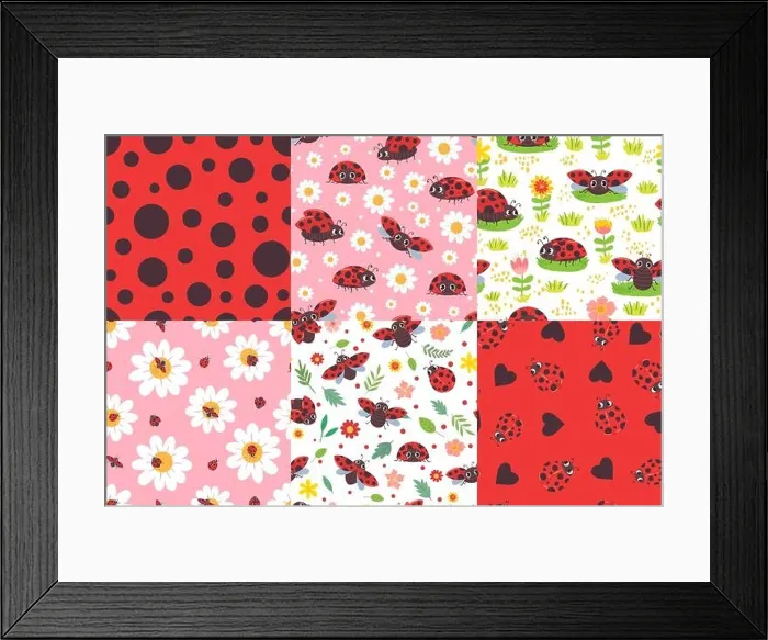 Framed Print : Cartoon ladybug seamless pattern. Ladybird texture, ladybugs in flowers and cute red bug vector illustration set Framed Print : Cartoon ladybug seamless pattern. Ladybird texture, ladybugs in flowers and cute red bug vector illustration set