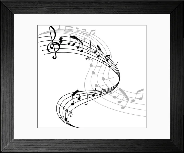 Framed Print : Musical staff or music stave icon of notes and clef for music concert. Vector poster design of musical notes on staff for jazz night or classical oper
