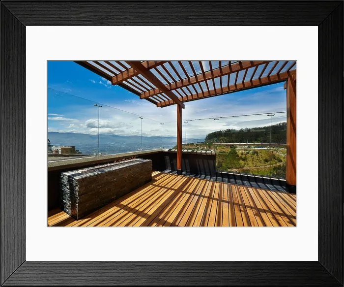 Framed Print : Interior design: Beautiful terrace lounge with pergola Framed Print : Interior design: Beautiful terrace lounge with pergola