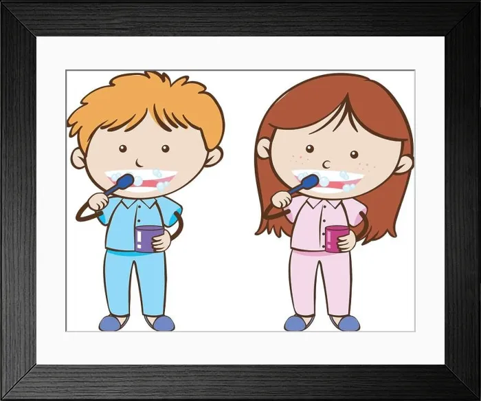 Framed Print : Boy and Girl Brushing Teeth illustration Framed Print : Boy and Girl Brushing Teeth illustration