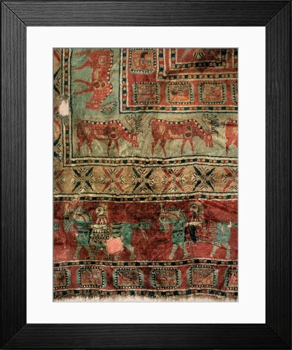 Framed Print : Pile Carpet (Detail: Fallow deers and horsemen), 5th-4th century BC Framed Print : Pile Carpet (Detail: Fallow deers and horsemen), 5th-4th century BC