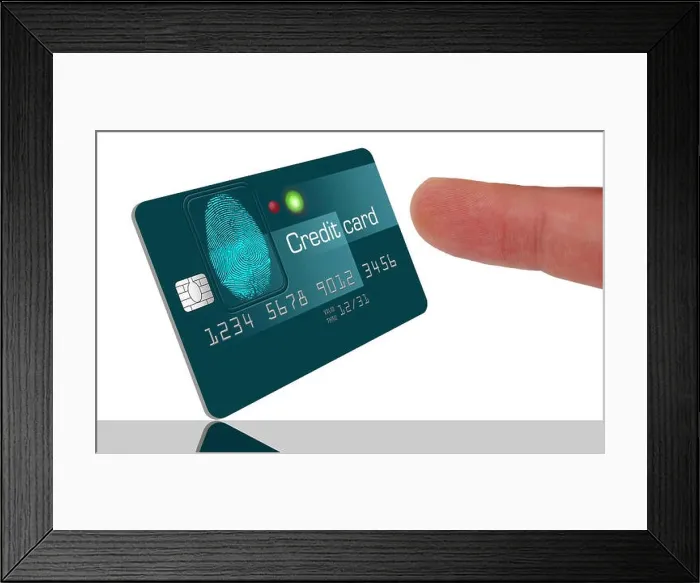 Framed Print : This is a version of a fingerprint identification credit card which could become the future of card security. This is an illustration Framed Print : This is a version of a fingerprint identification credit card which could become the future of card security. This is an illustration