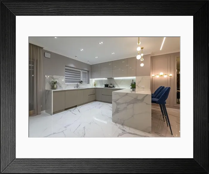 Framed Print : Luxury white modern marble kitchen in studio space Framed Print : Luxury white modern marble kitchen in studio space
