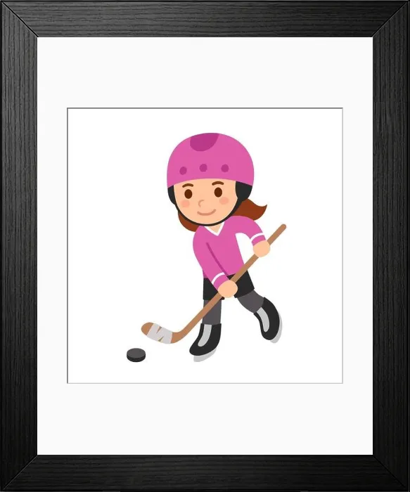 Framed Print : Cute cartoon girl playing hockey, in pink uniform and helmet. Isolated vector clip art illustration Framed Print : Cute cartoon girl playing hockey, in pink uniform and helmet. Isolated vector clip art illustration